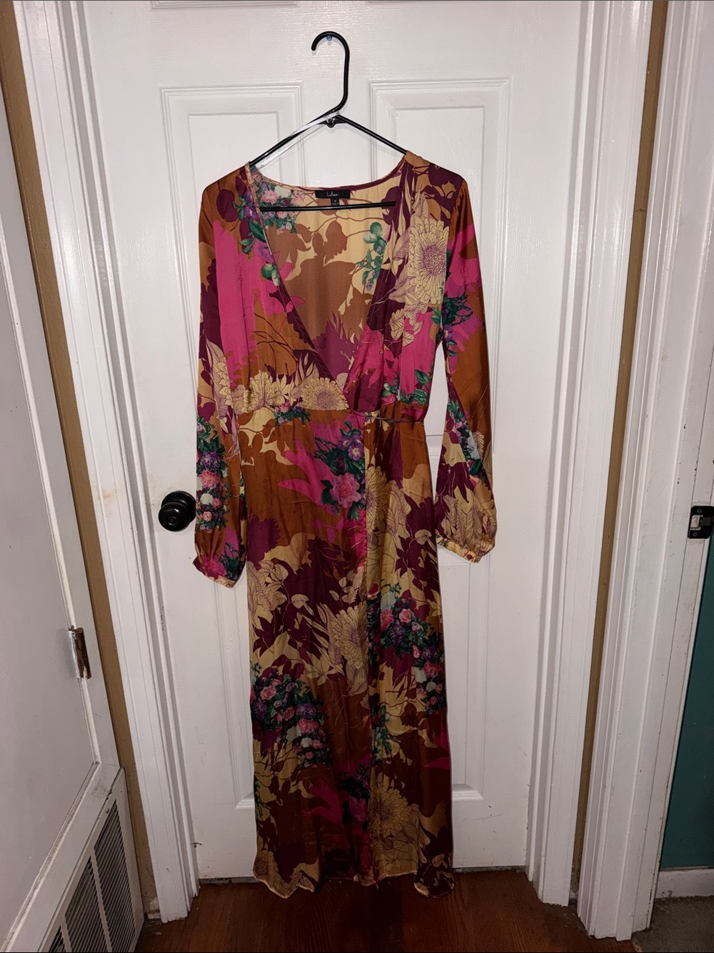 Lulus Floral Wrap Maxi Dress in Pink and Brown